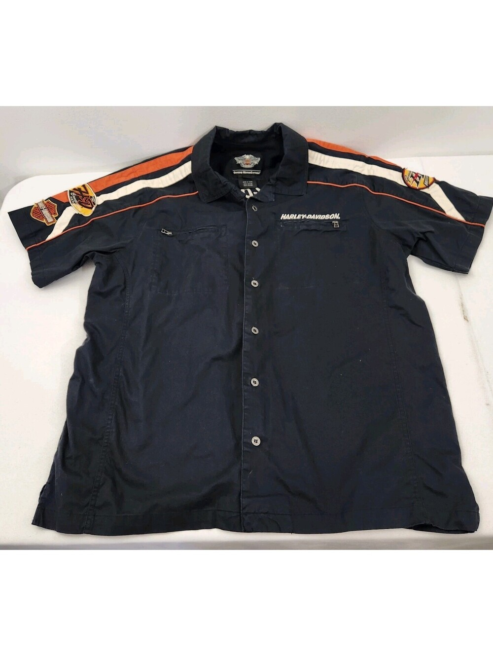 Vintage Harley Davidson Button Up Mechanic Shop Shirt Men's XL Black Orange